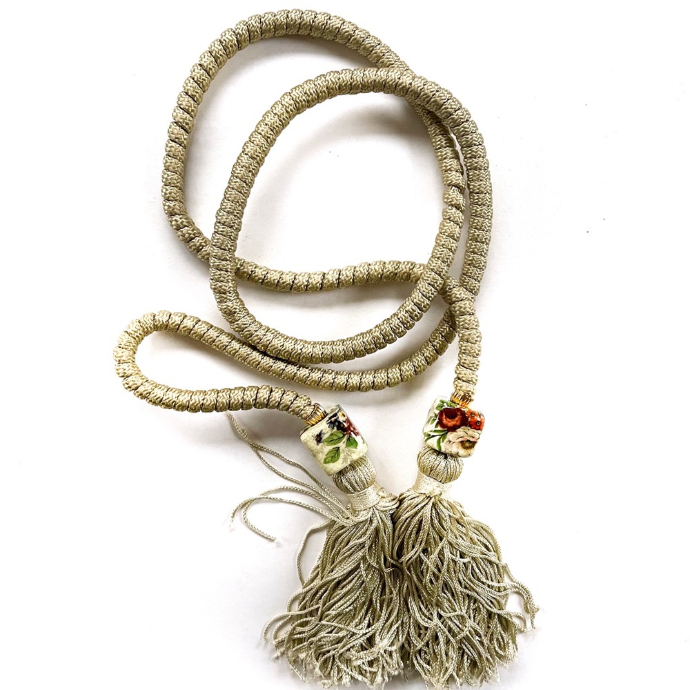 Vintage Tassel Twisted Cord Rope Belt with Floral Cubes